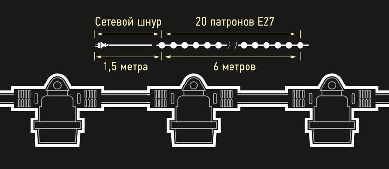 Гирлянда уличная Белт-лайт PBL-S20/L06+1.5 Black E27 IP65 (6м/20ламп/1.5м шнур) соединение в линию max750Вт (лампы в комплект не входят) JazzWay 5040540A