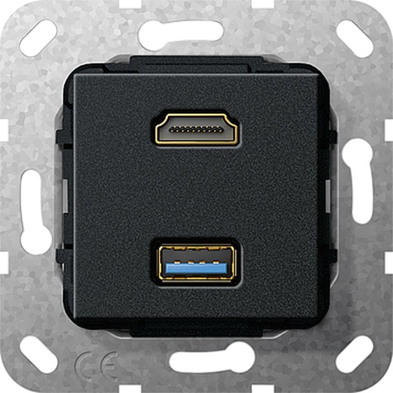 Розетка HDMI+USB Gira SYSTEM 55, скрытый монтаж, черный, 567810