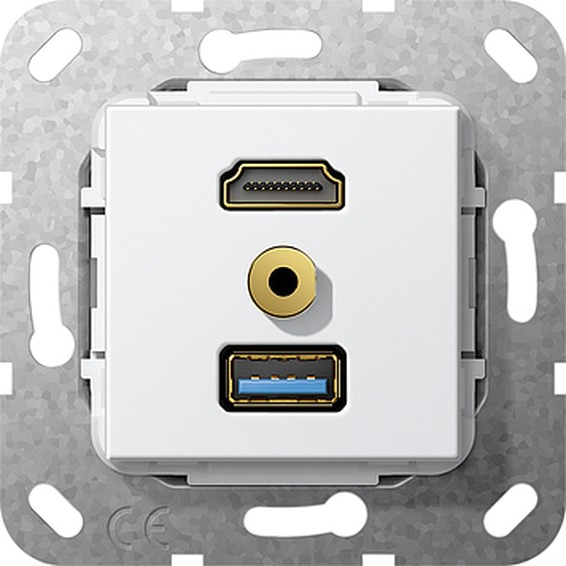 Розетка HDMI+USB+mini-jack Gira SYSTEM 55, скрытый монтаж, белый, 568103